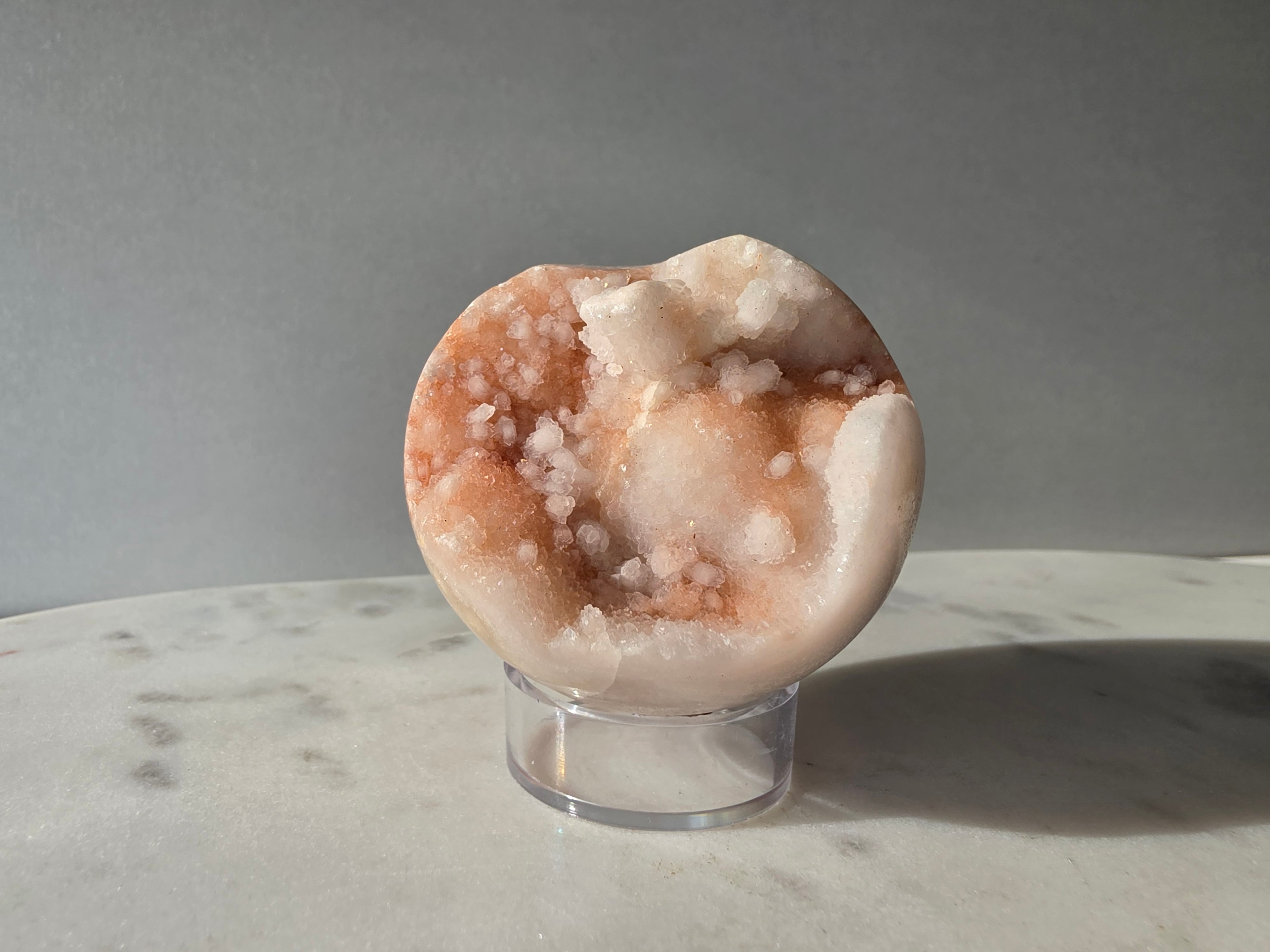 Pink Amethyst sphere from Brazil in soft blush pink tones with sparkling druzy crystals and natural bubble formations, Stone & Bloom