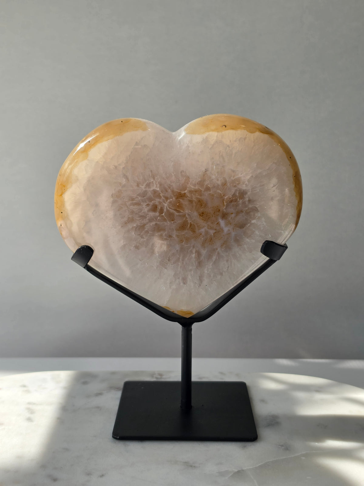 929g Druzy Agate Geode Heart with sparkling druzy crystals, natural Chalcedony eye formations and caramel, beige and ivory agate banding