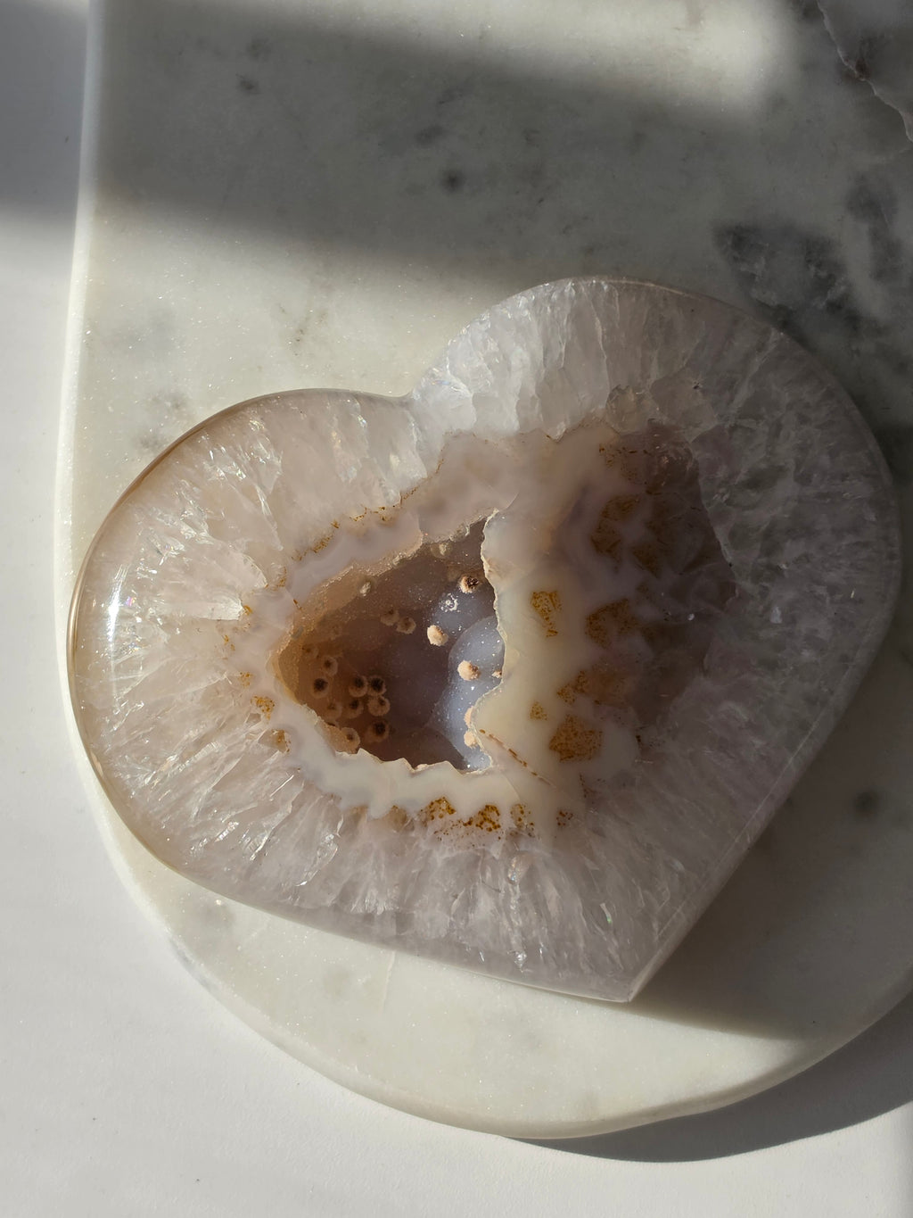 929g Druzy Agate Geode Heart with sparkling druzy crystals, natural Chalcedony eye formations and caramel, beige and ivory agate banding