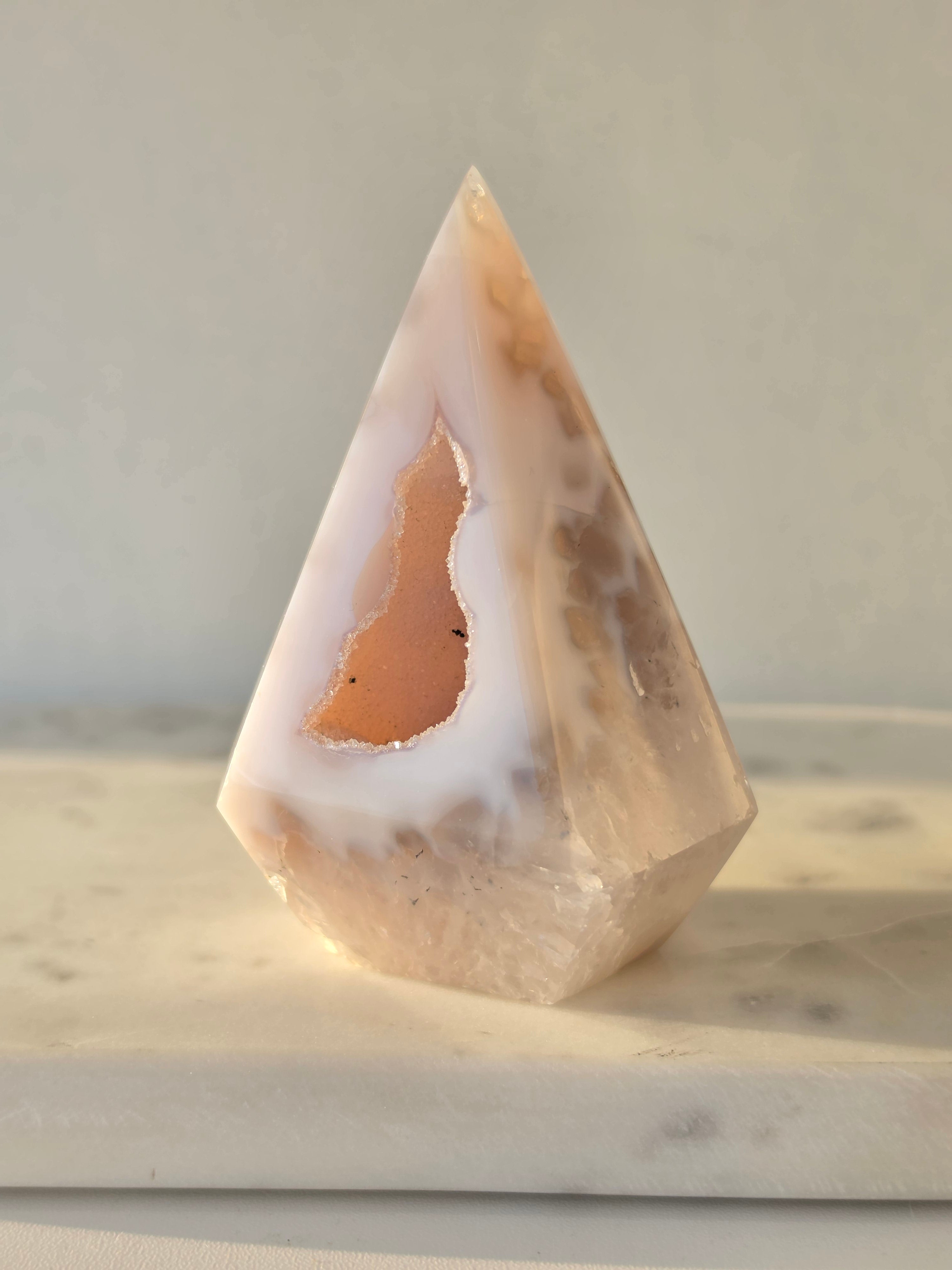 Natural Brazilian blush Agate Diamond with sparkling sugar druzy crystal formation, polished luxury agate statement piece with translucent pink tones by Stone & Bloom
