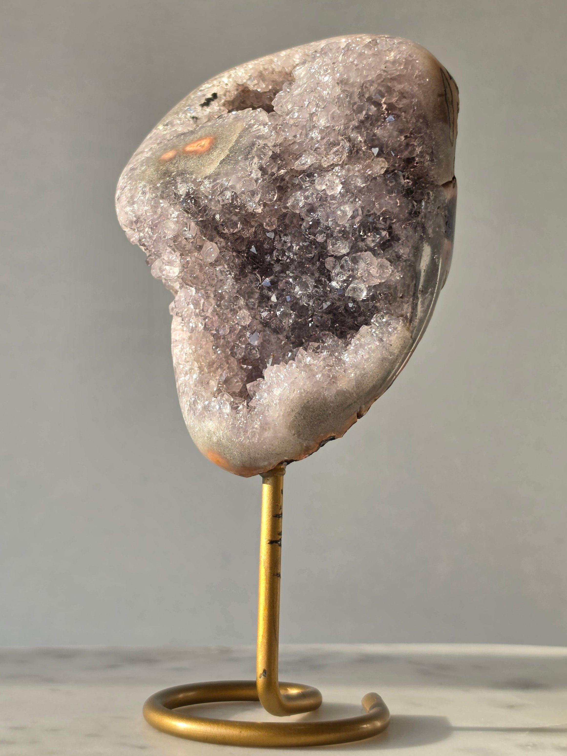 Natural Amethyst Stalactite on Gold Stand with Crystal Clear Points and Sparkling Druzy Quartz
