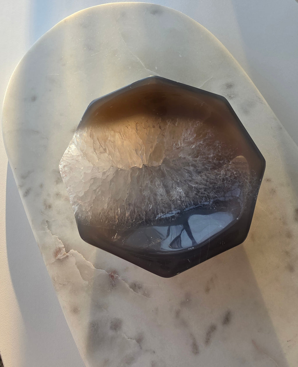Natural Brazilian Agate bowl with smoky brown, caramel and blush banding, sparkling druzy crystal formations and polished edges