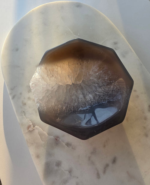 Natural Brazilian Agate bowl with smoky brown, caramel and blush banding, sparkling druzy crystal formations and polished edges