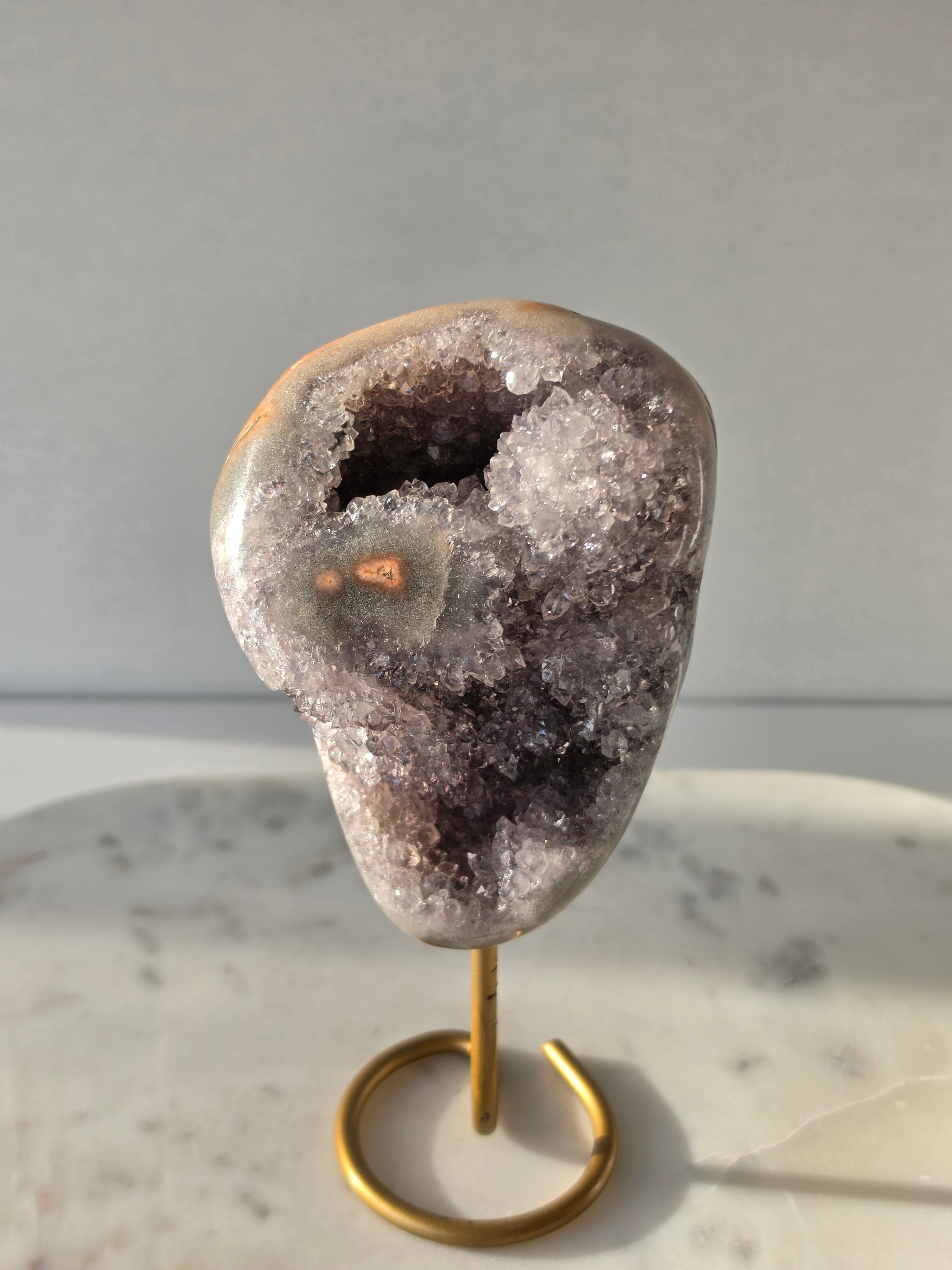 Natural Amethyst Stalactite on Gold Stand with Crystal Clear Points and Sparkling Druzy Quartz