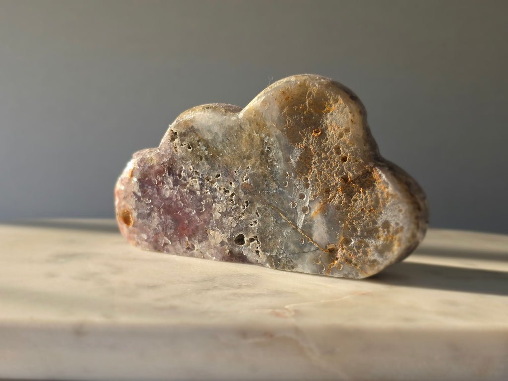 Back of a natural Brazilian Pink Amethyst Cloud with translucent Quartz, rare splinter-like mineral formations and soft blush, rose and earthy tones