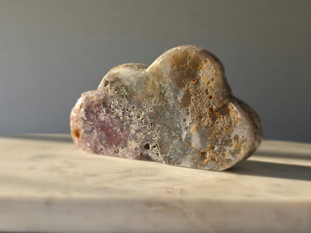 Back of a natural Brazilian Pink Amethyst Cloud with translucent Quartz, rare splinter-like mineral formations and soft blush, rose and earthy tones