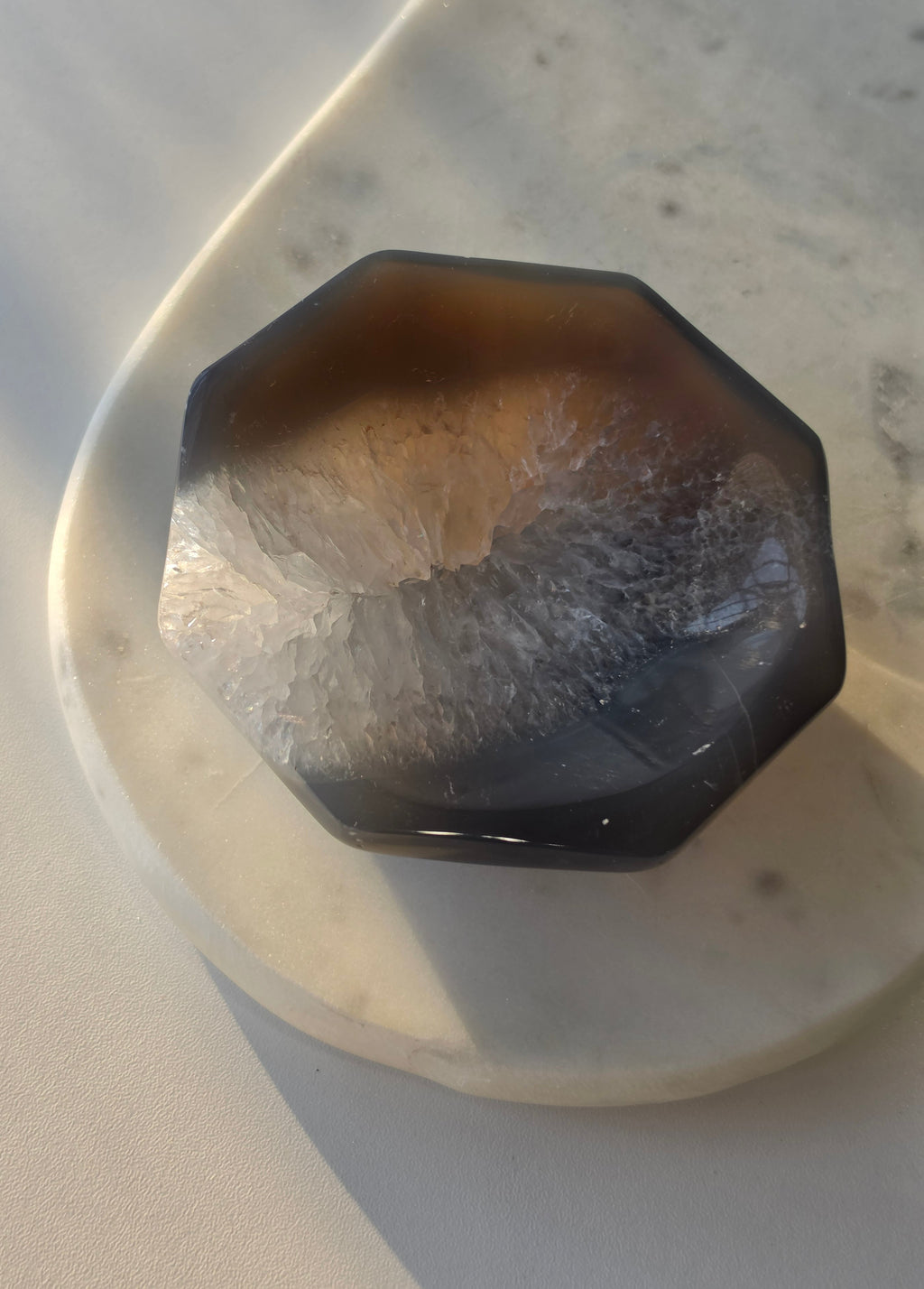 Natural Brazilian Agate bowl with smoky brown, caramel and blush banding, sparkling druzy crystal formations and polished edges