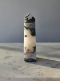 Moss Agate crystal point with translucent milky quartz and intricate forest green botanical inclusions