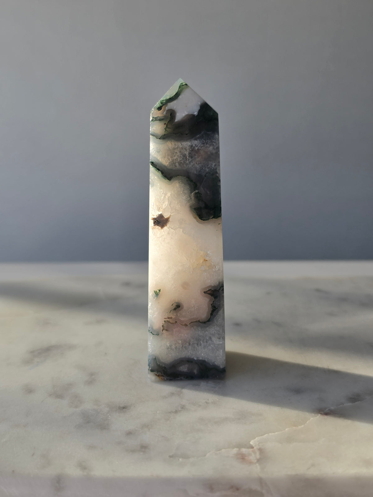 Moss Agate crystal point with translucent milky quartz and intricate forest green botanical inclusions