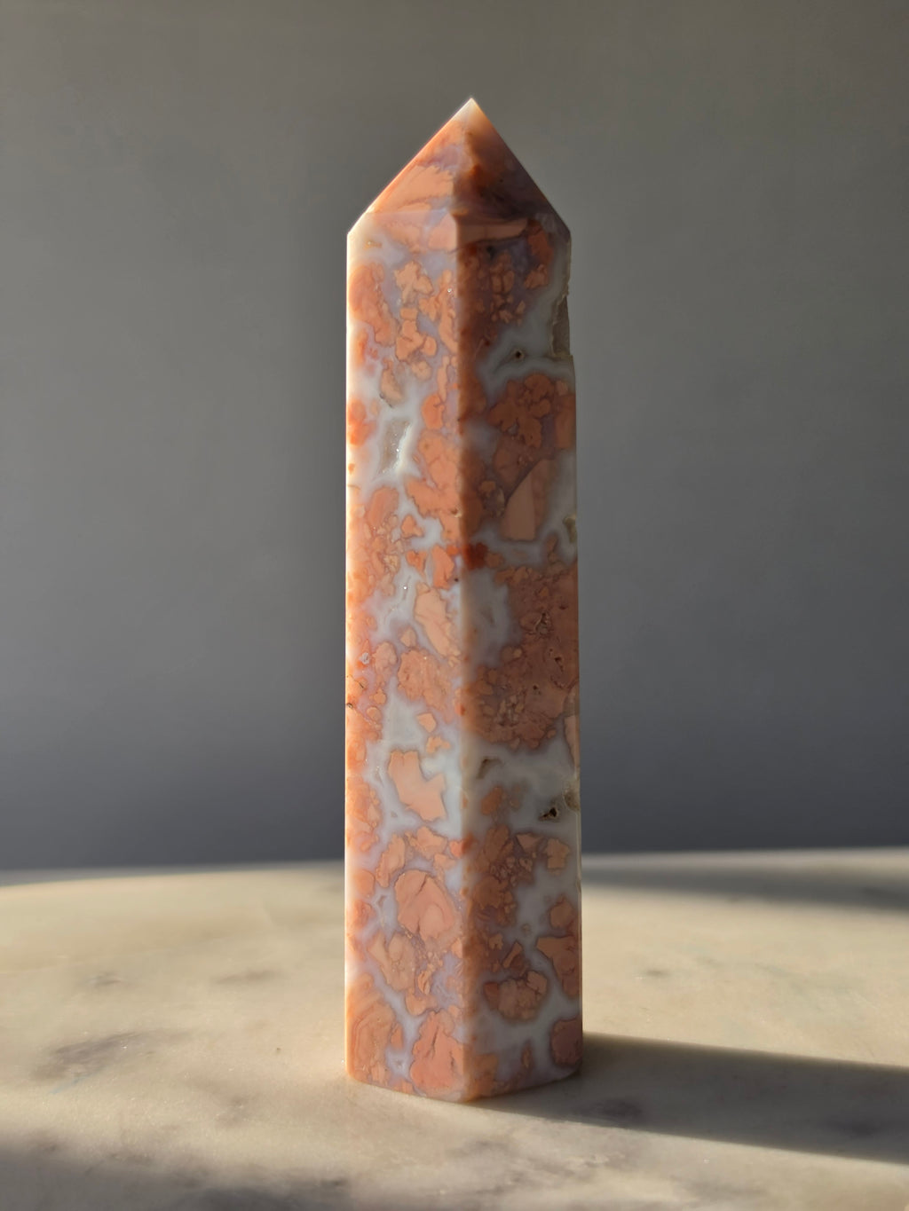 Cotton Candy Agate point with natural pink peach and blue-grey flower-like plume formations