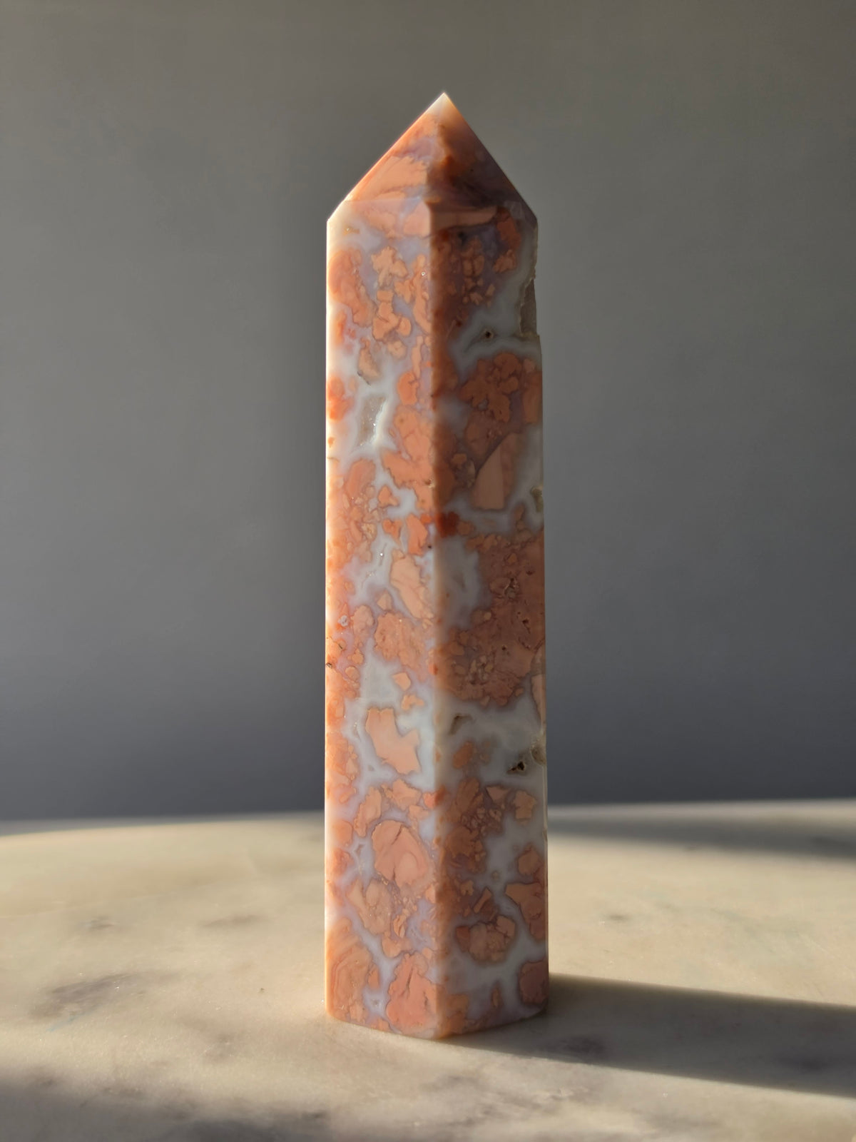 Cotton Candy Agate point with natural pink peach and blue-grey flower-like plume formations