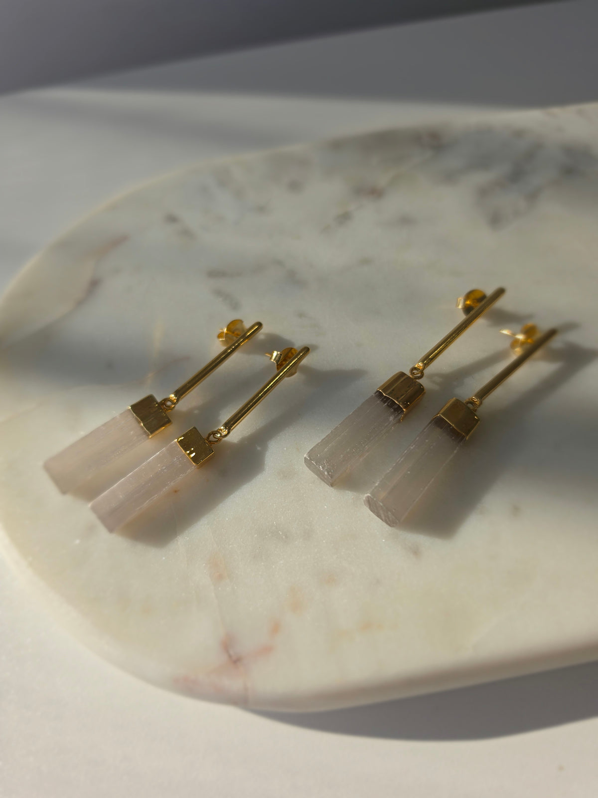 Raw Luxe Selenite drop earrings featuring luminous natural Selenite stones with luxurious 24K gold plating
