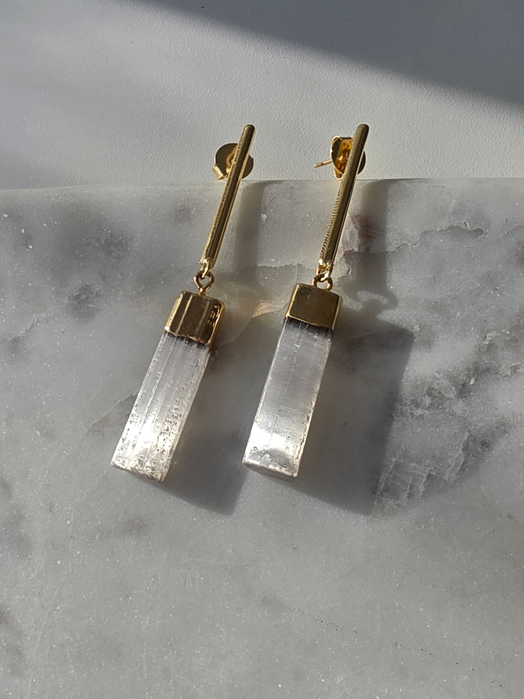 Raw Luxe Selenite drop earrings featuring luminous natural Selenite stones with luxurious 24K gold plating