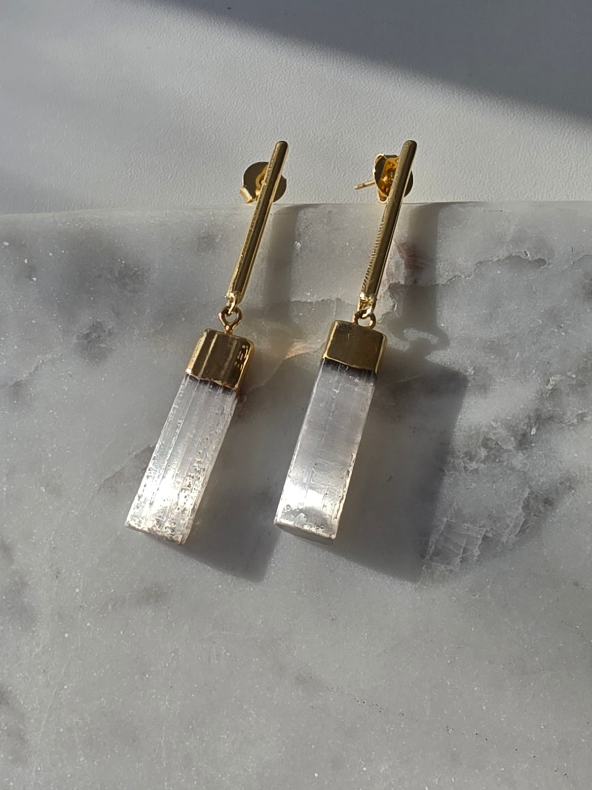Raw Luxe Selenite drop earrings featuring luminous natural Selenite stones with luxurious 24K gold plating