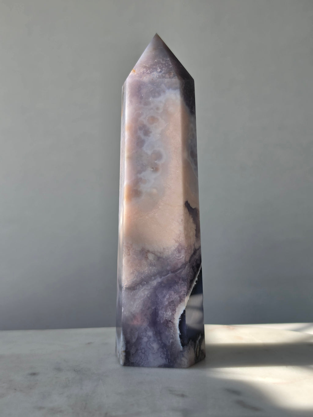 Blue Flower Agate crystal point with soft blue, lavender and cream tones and natural flower-like plume inclusions