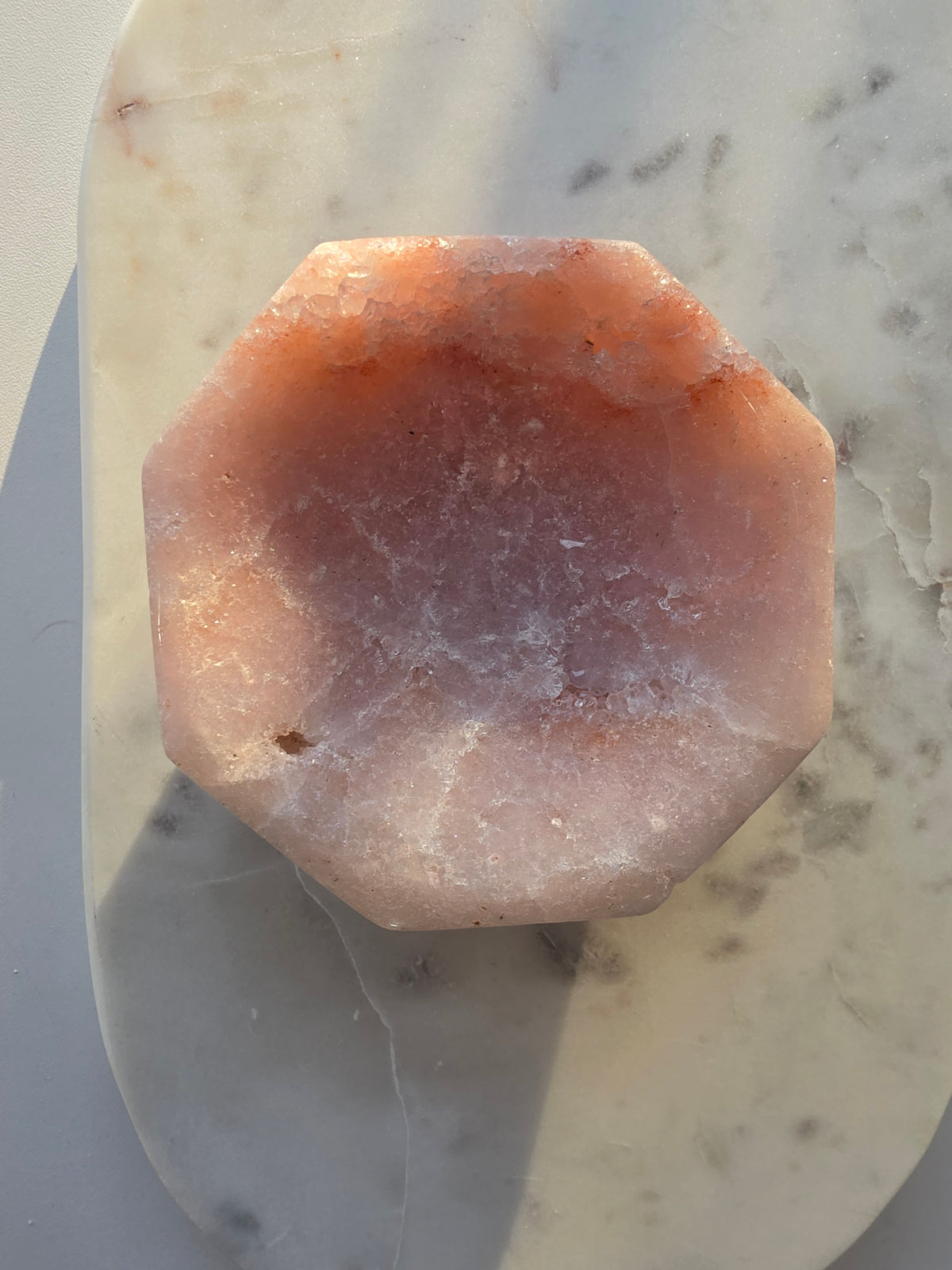 Brazilian Pink Amethyst bowl with soft blush pink and lavender tones, delicate natural sparkle and polished faceted edges