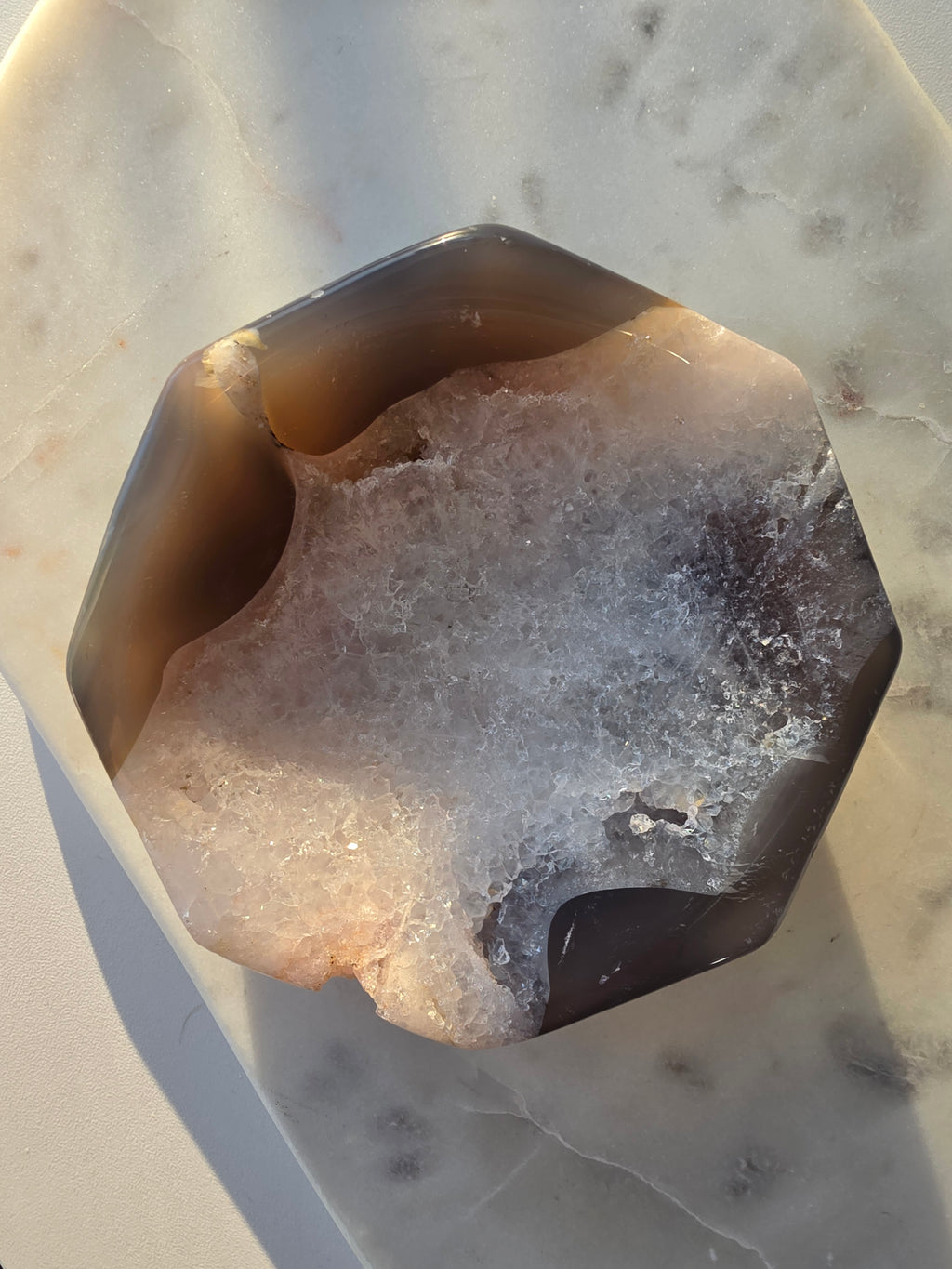 Natural Brazilian Agate bowl with smoky brown, caramel and blush banding, sparkling druzy crystal formations and polished edges