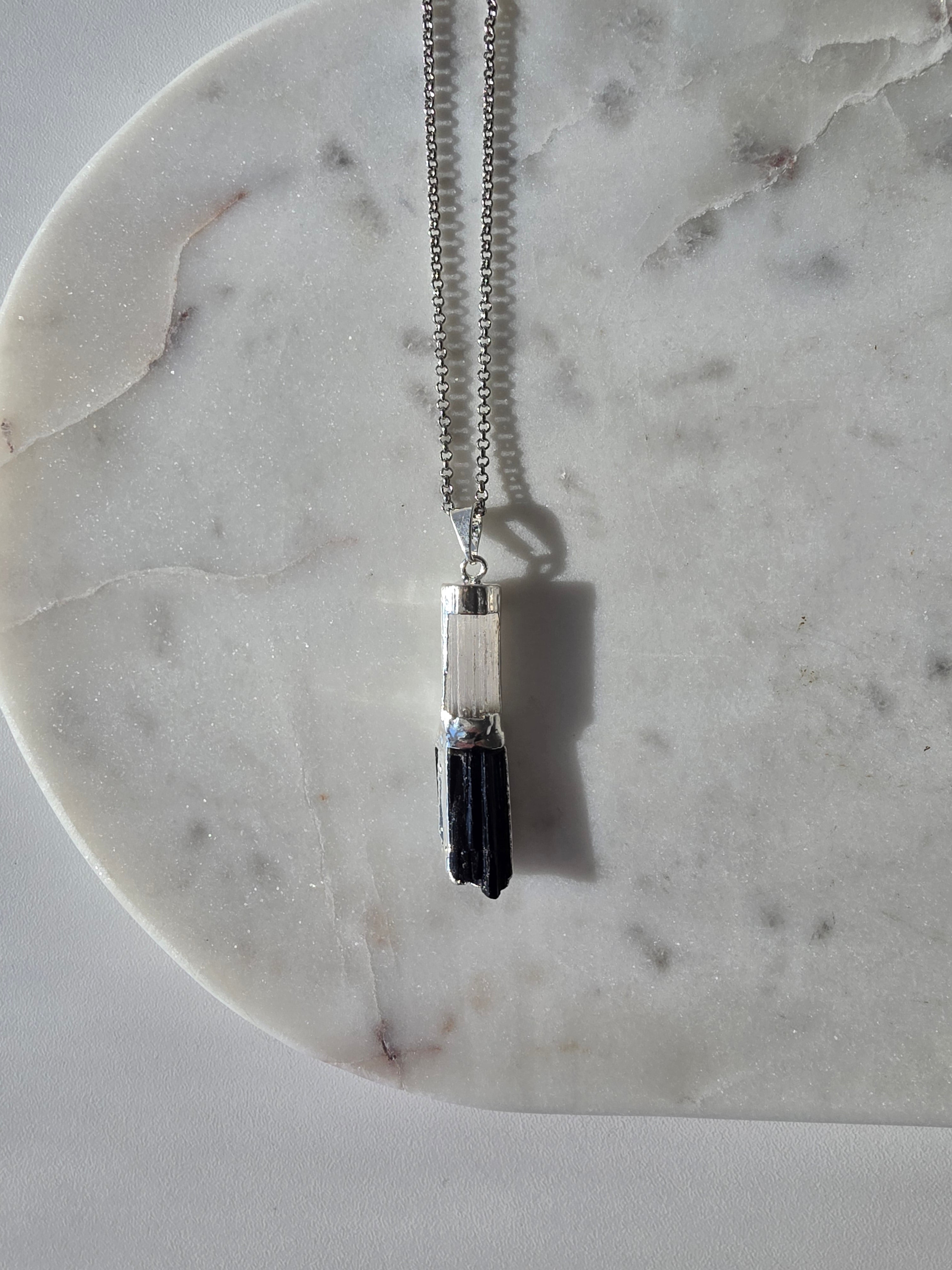 Natural Selenite and Black Tourmaline crystal pendant in a refined Premium Silver Plated setting, Stone & Bloom Raw Luxe Collection