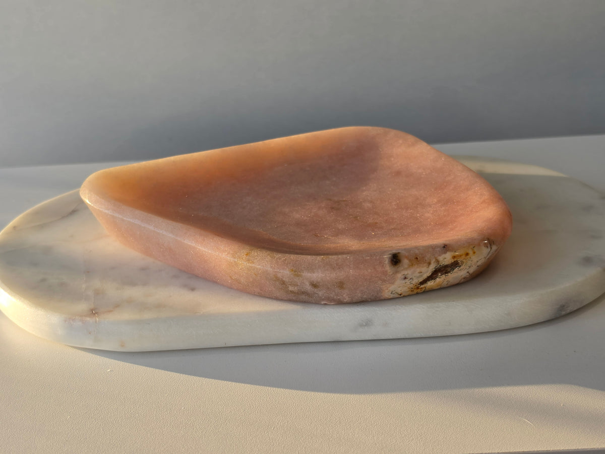 Brazilian Pink Amethyst bowl with sparkling crystal formation, soft blush pink tones 