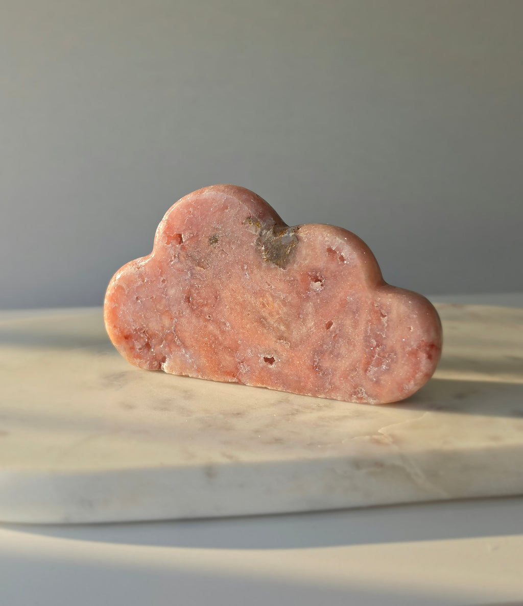 Natural Brazilian Pink Amethyst Cloud with soft blush pink and peach tones, subtle mineral inclusions and organic sculptural shape