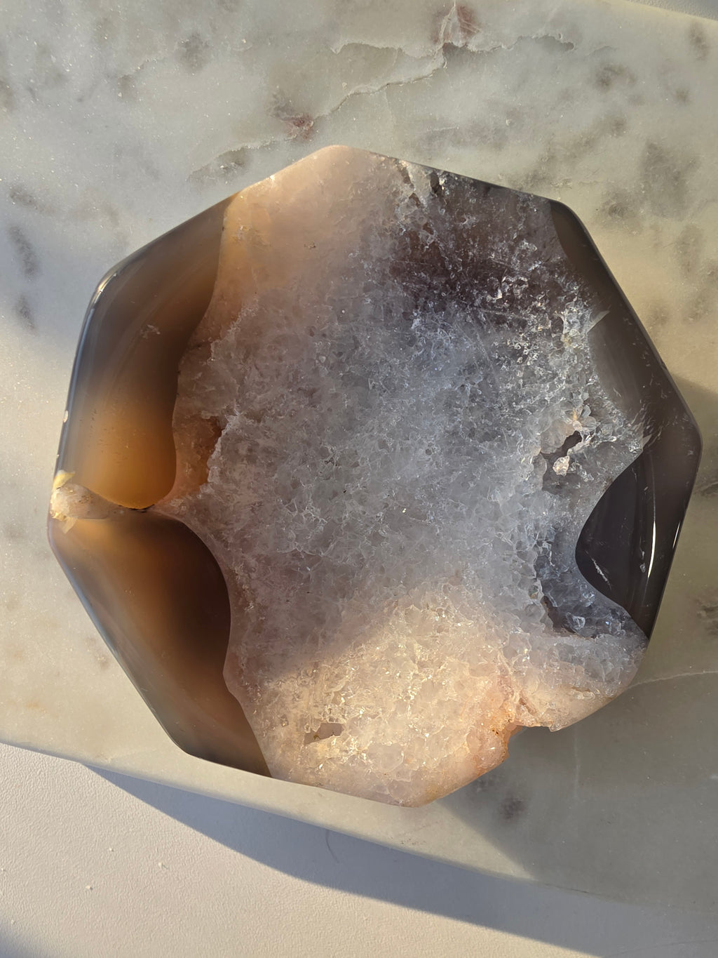 Natural Brazilian Agate bowl with smoky brown, caramel and blush banding, sparkling druzy crystal formations and polished edges
