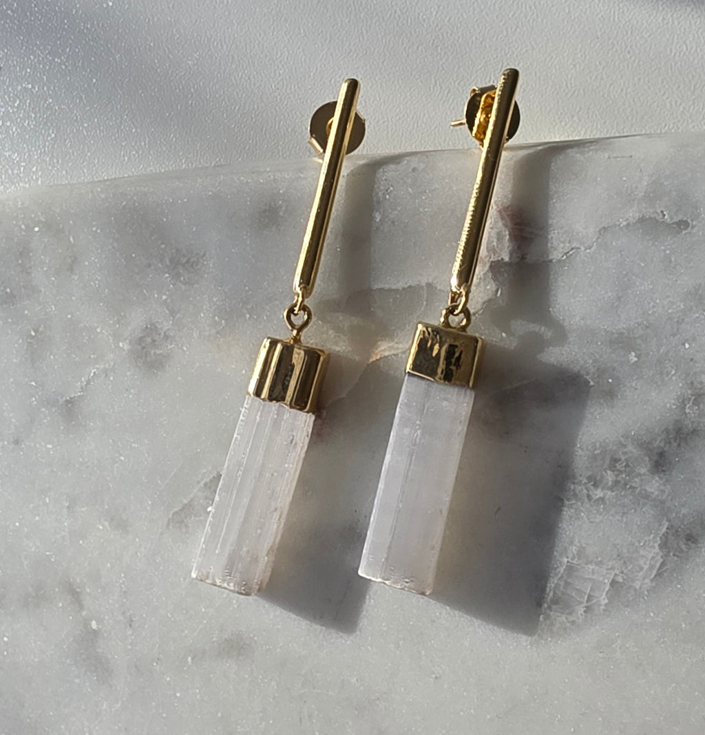 Raw Luxe Selenite drop earrings featuring luminous natural Selenite stones with luxurious 24K gold plating