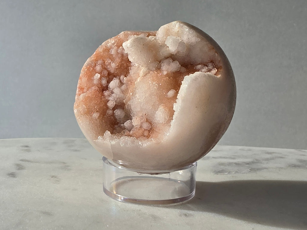 Pink Amethyst sphere from Brazil in soft blush pink tones with sparkling druzy crystals and natural bubble formations, Stone & Bloom
