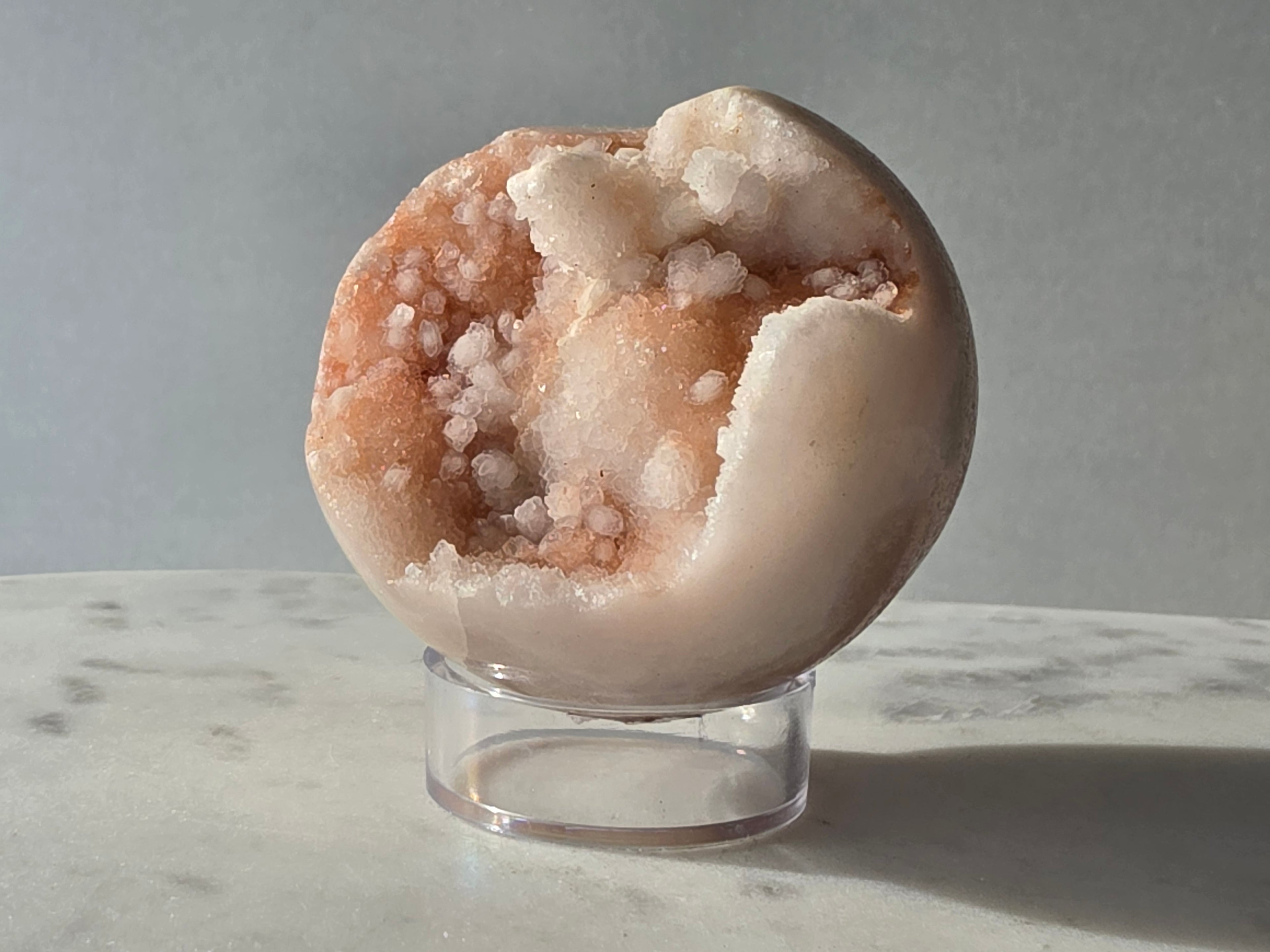 Pink Amethyst sphere from Brazil in soft blush pink tones with sparkling druzy crystals and natural bubble formations, Stone & Bloom