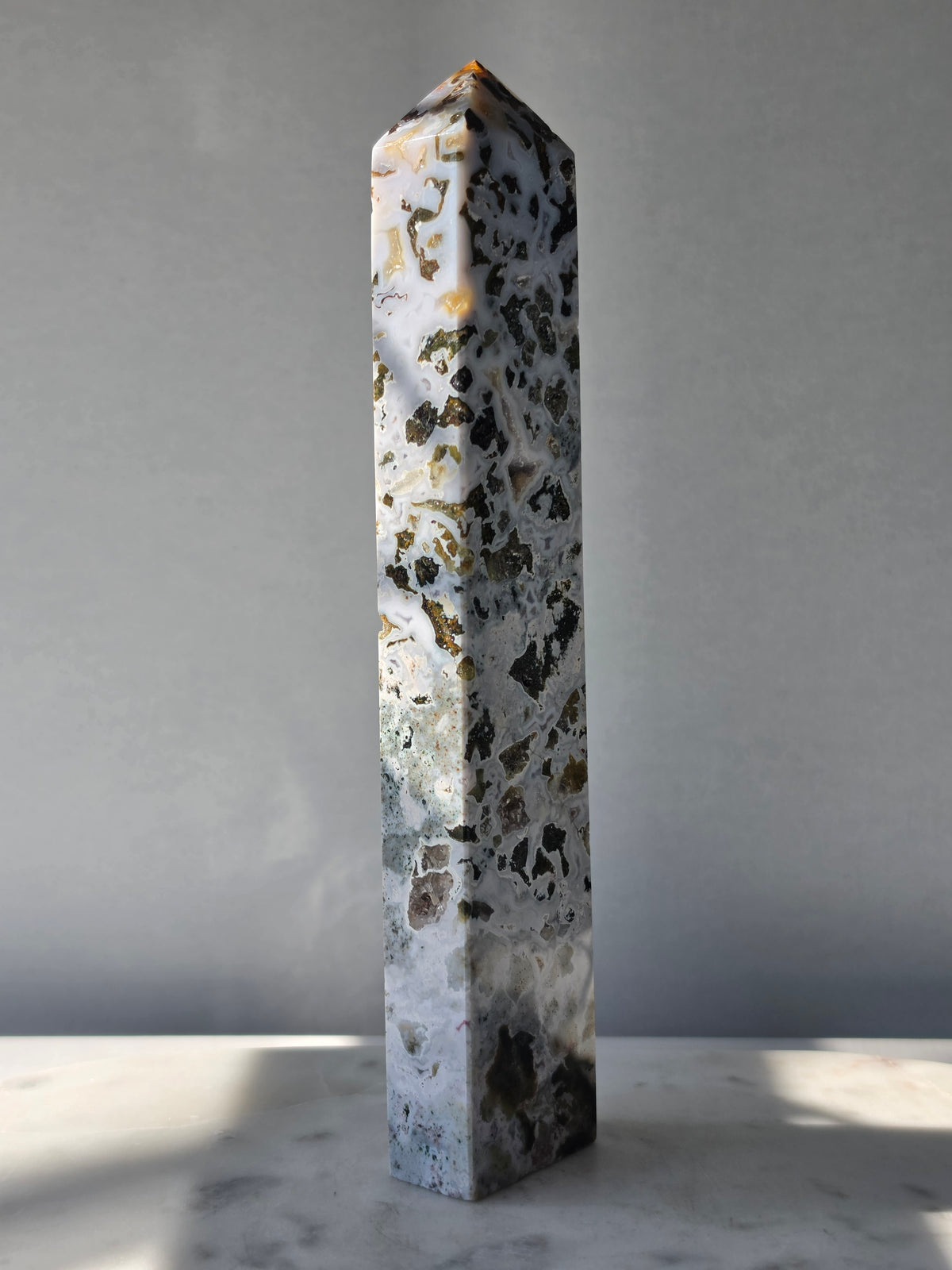 23cm Orbicular Ocean Jasper Tower with unique circular patterns, natural druzy crystal formations and intricate earthy markings