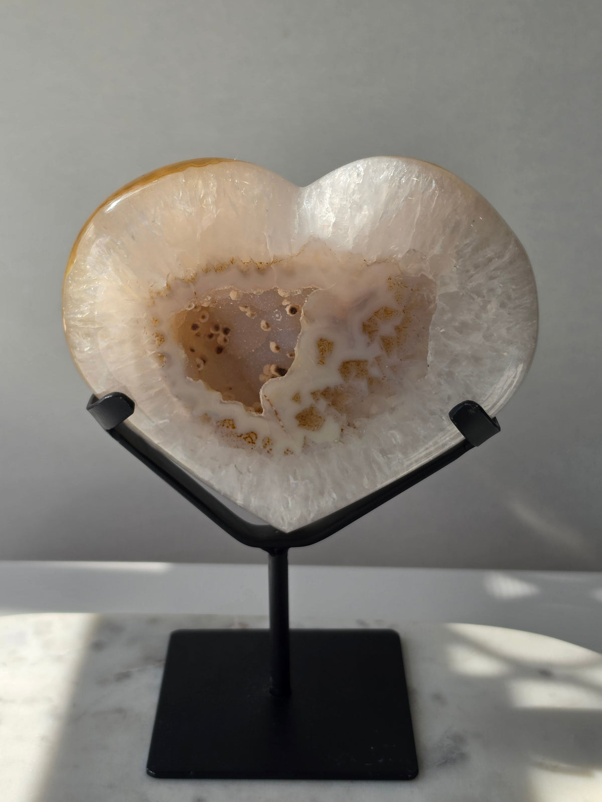 929g Druzy Agate Geode Heart with sparkling druzy crystals, natural Chalcedony eye formations and caramel, beige and ivory agate banding