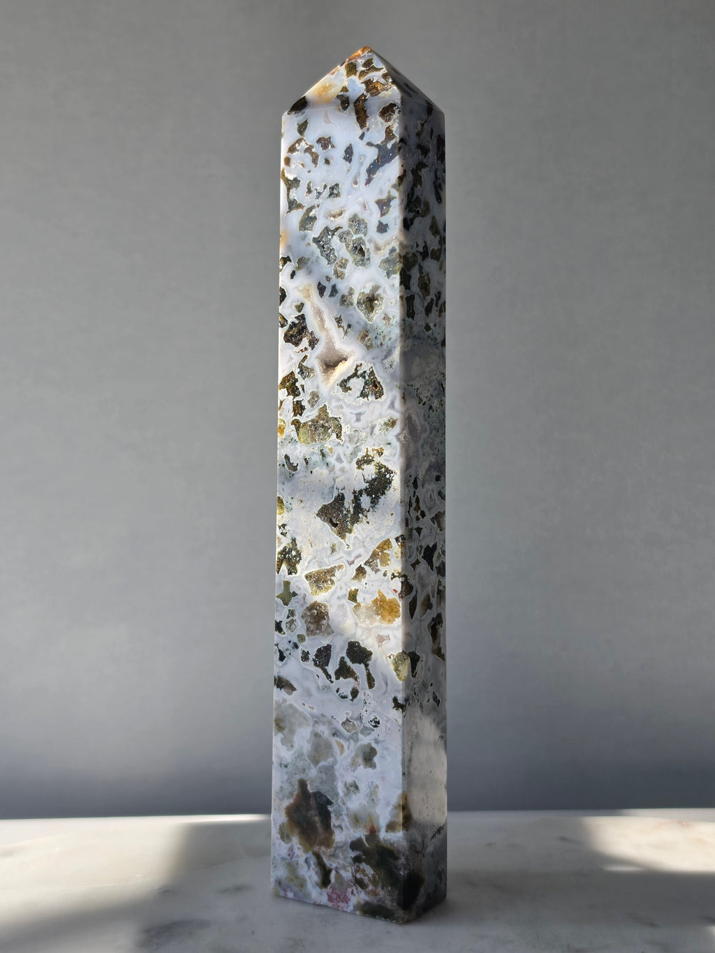 23cm Orbicular Ocean Jasper Tower with unique circular patterns, natural druzy crystal formations and intricate earthy markings