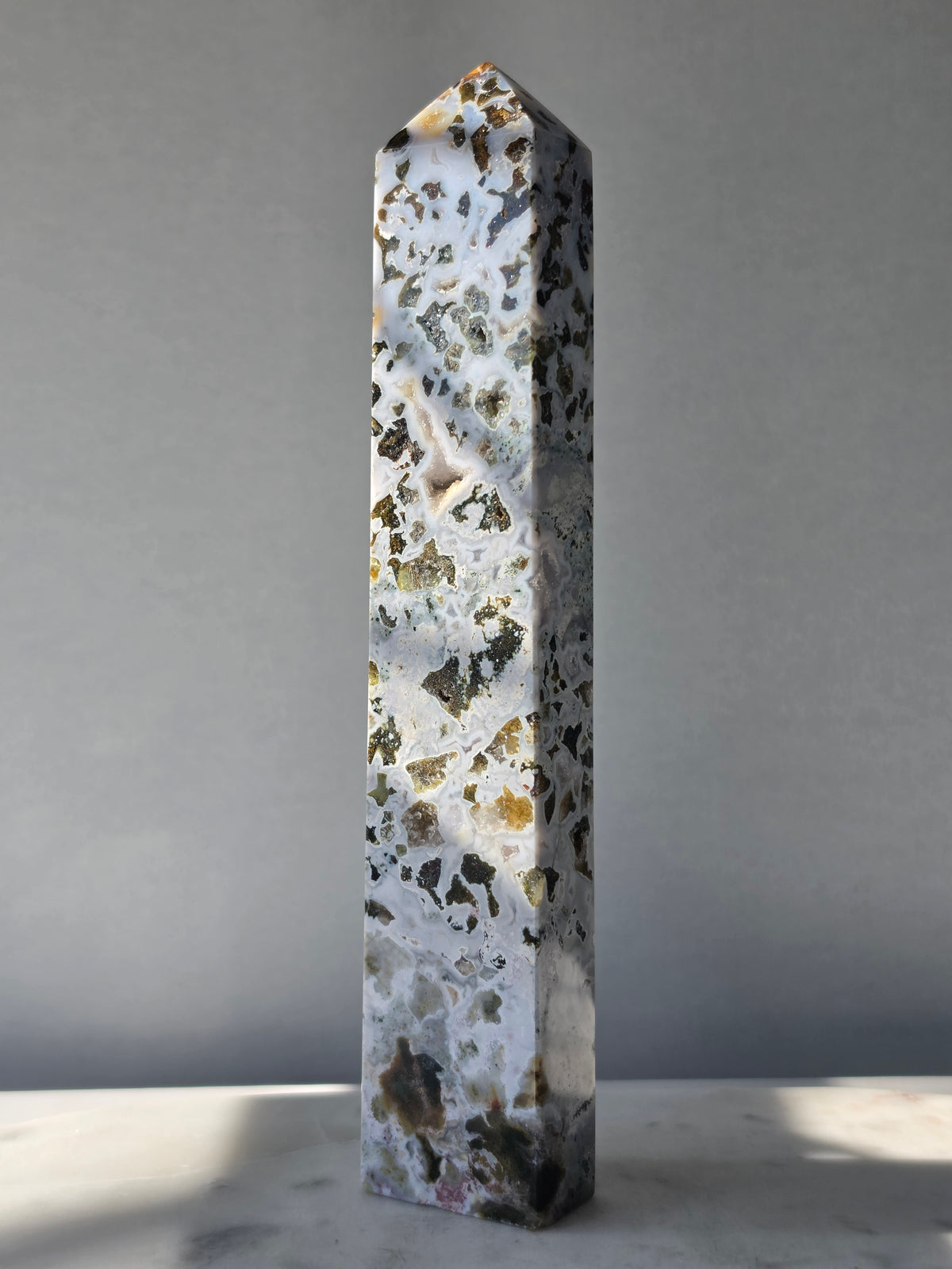 23cm Orbicular Ocean Jasper Tower with unique circular patterns, natural druzy crystal formations and intricate earthy markings