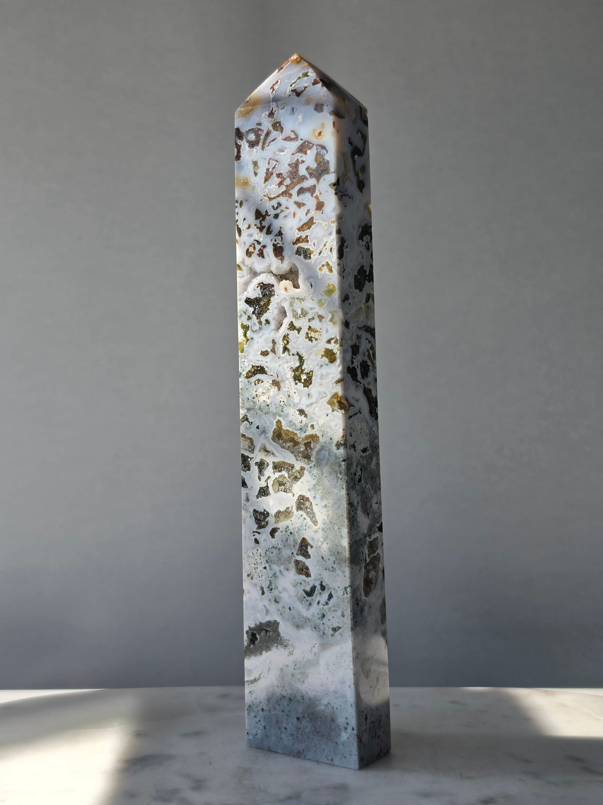 23cm Orbicular Ocean Jasper Tower with unique circular patterns, natural druzy crystal formations and intricate earthy markings