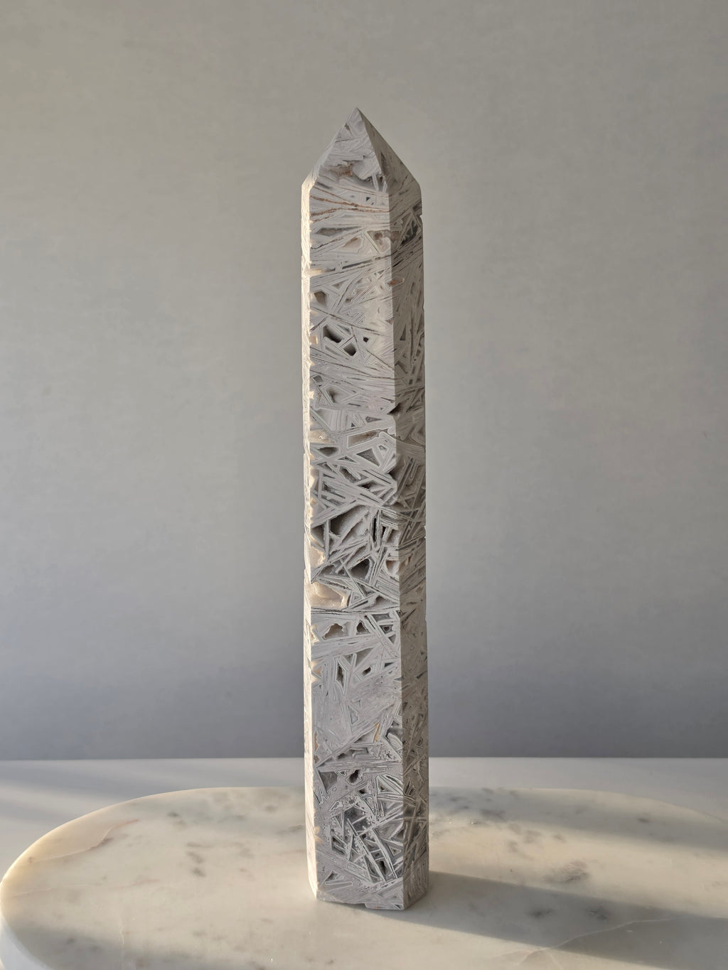 Natural Crazy Lace Agate Tower with intricate earthy banding and sparkling druzy crystal pockets, polished crystal statement piece