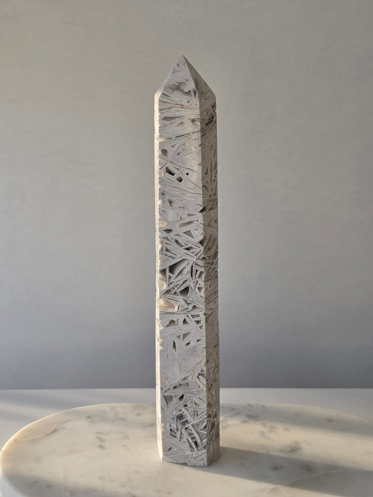 Natural Crazy Lace Agate Tower with intricate earthy banding and sparkling druzy crystal pockets, polished crystal statement piece