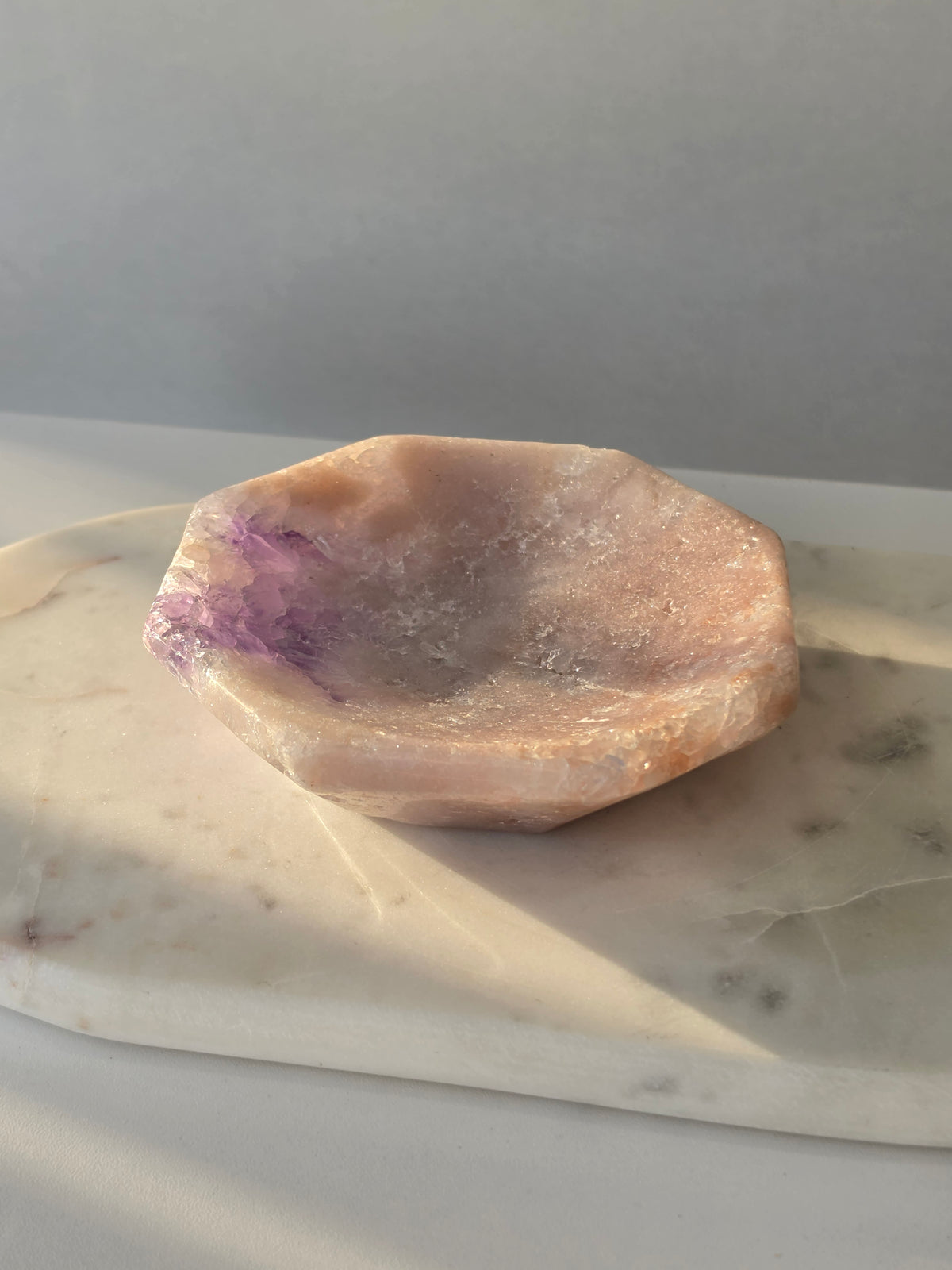 Brazilian Pink Amethyst bowl with sparkling purple druzy crystal formation, soft blush pink tones and natural lavender crystals