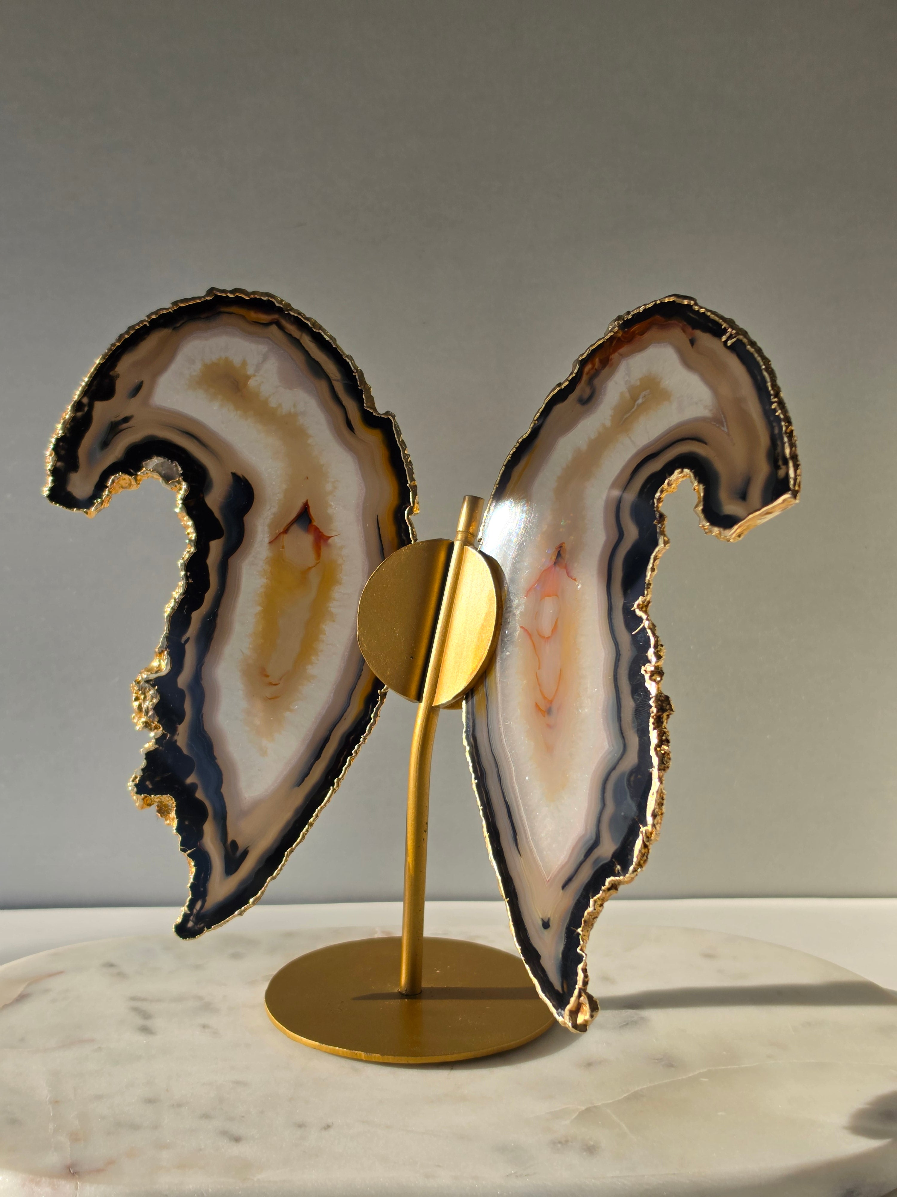 Agate Slice Wings on Gold Stand