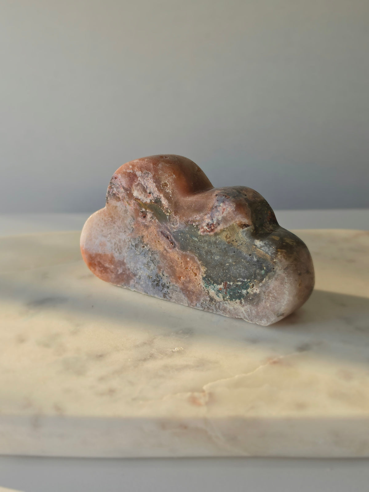 Natural Brazilian Pink Amethyst Cloud with soft blush pink, peach and lavender tones, unique mineral inclusions and polished organic form