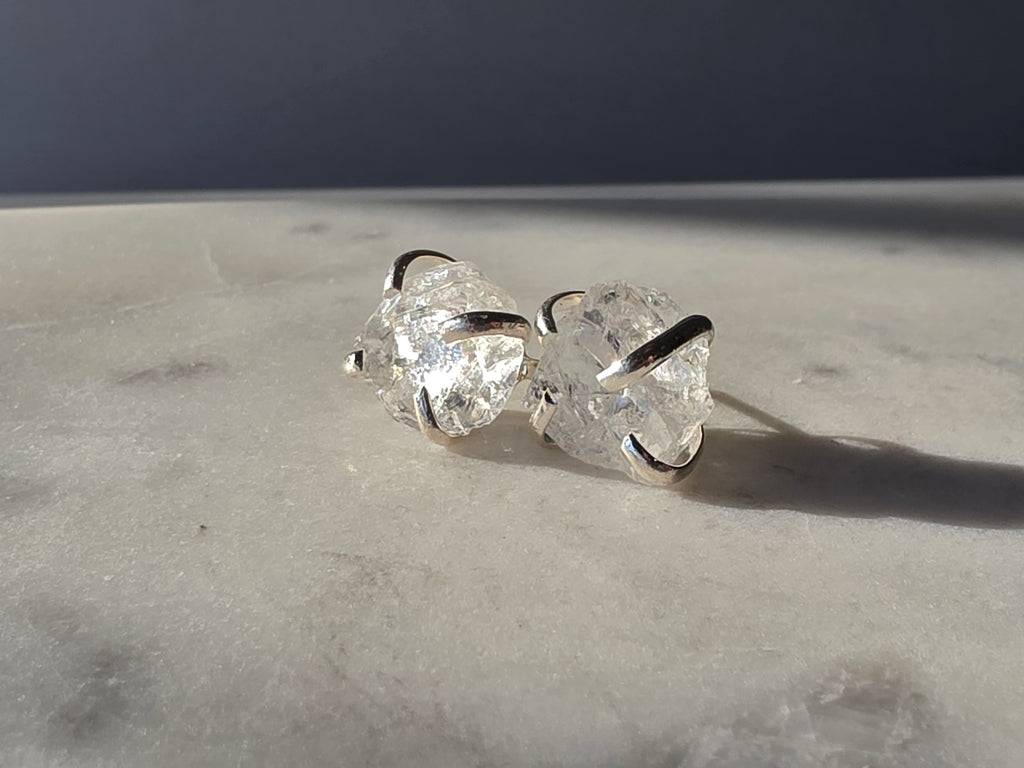 Natural raw Clear Quartz crystal stud earrings in a four-claw silver-plated setting, Raw Luxe Collection