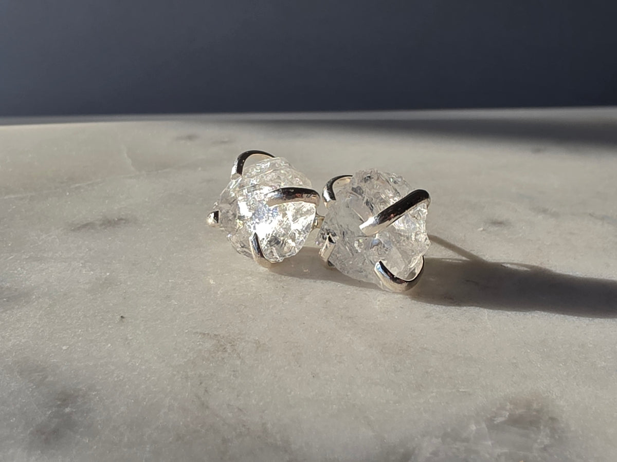 Natural raw Clear Quartz crystal stud earrings in a four-claw silver-plated setting, Raw Luxe Collection
