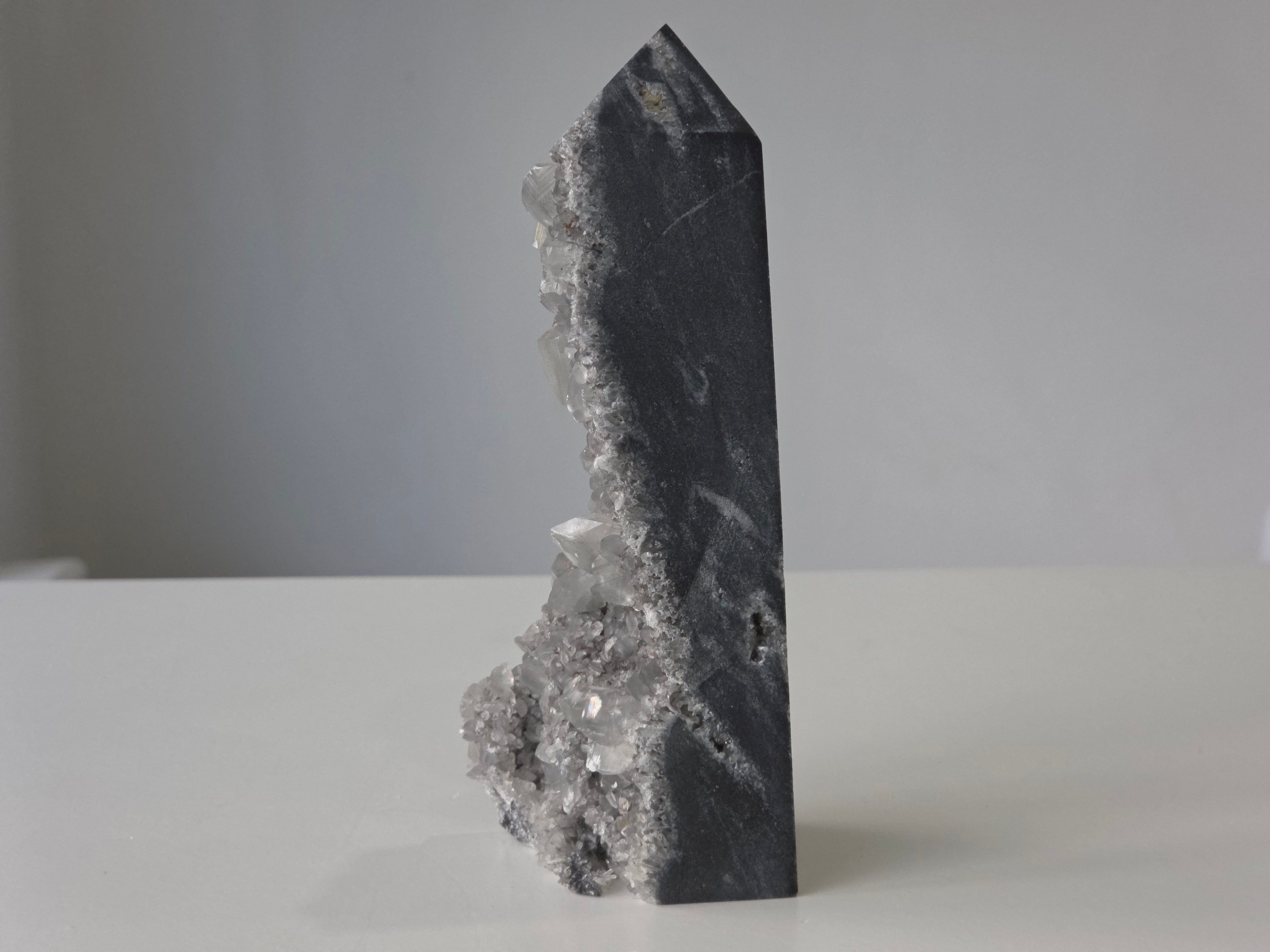 Luxury Sphalerite with Calcite Tower by Stone and Bloom featuring smoky bronze tones and luminous crystal formations, on trend, Statement Peice, Home Styling
