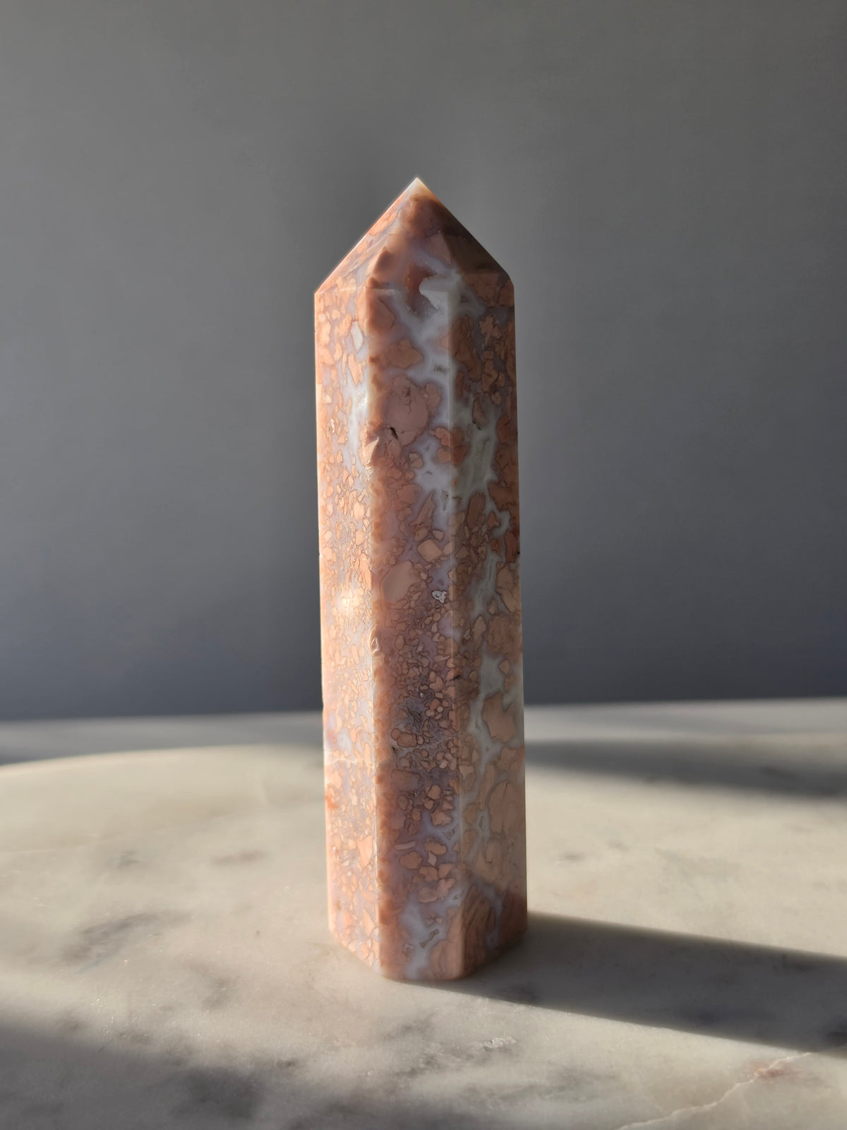 Cotton Candy Agate point with natural pink peach and blue-grey flower-like plume formations