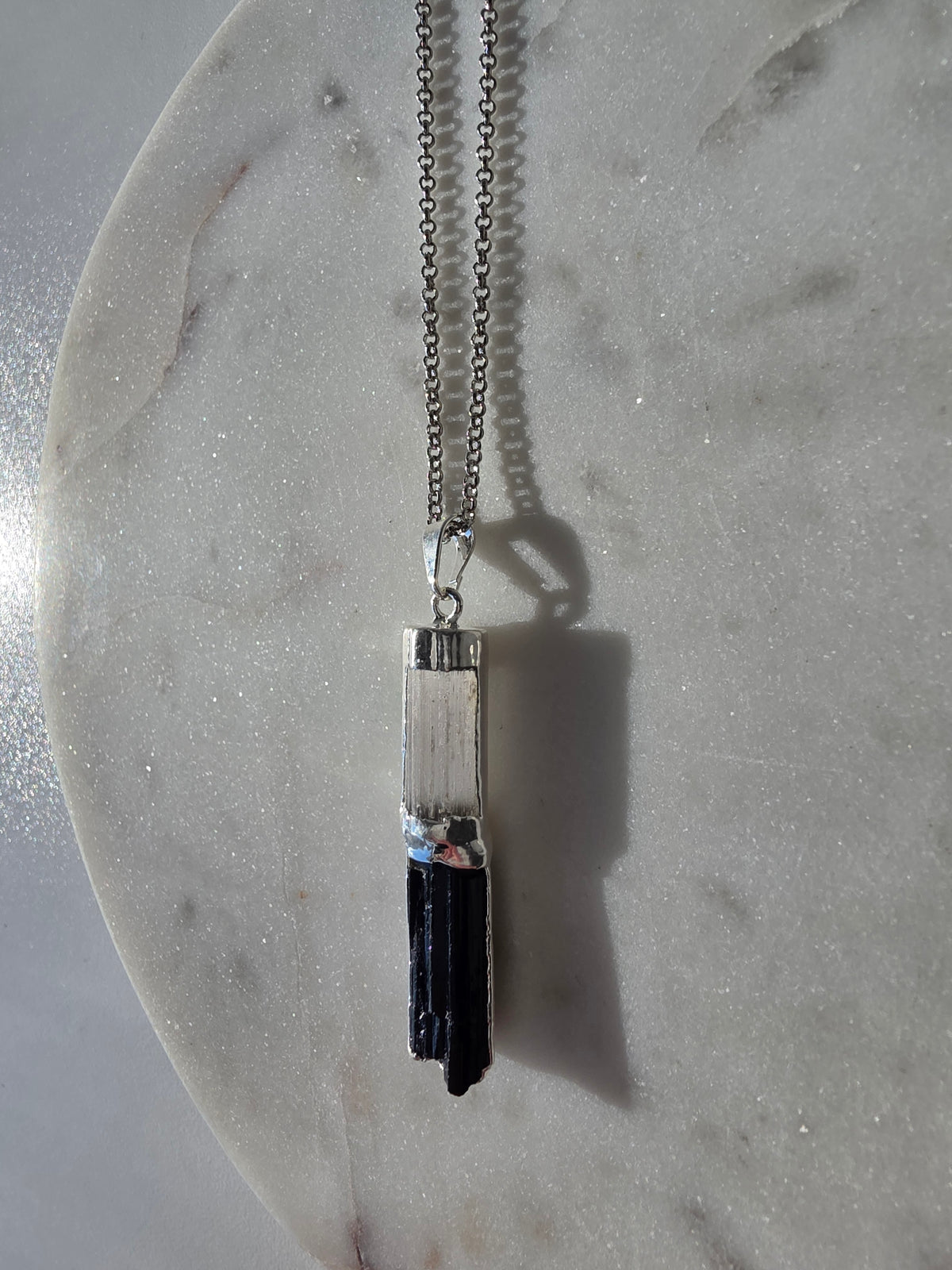 Natural Selenite and Black Tourmaline crystal pendant in a refined Premium Silver Plated setting, Stone & Bloom Raw Luxe Collection