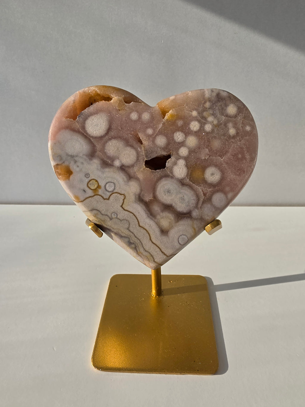 Luxury Brazilian Zeolite Amethyst Flower on matte gold stand with sparkling lavender druzy Amethyst crystals, premium natural statement crystal for elegant home décor by Stone & Bloom.