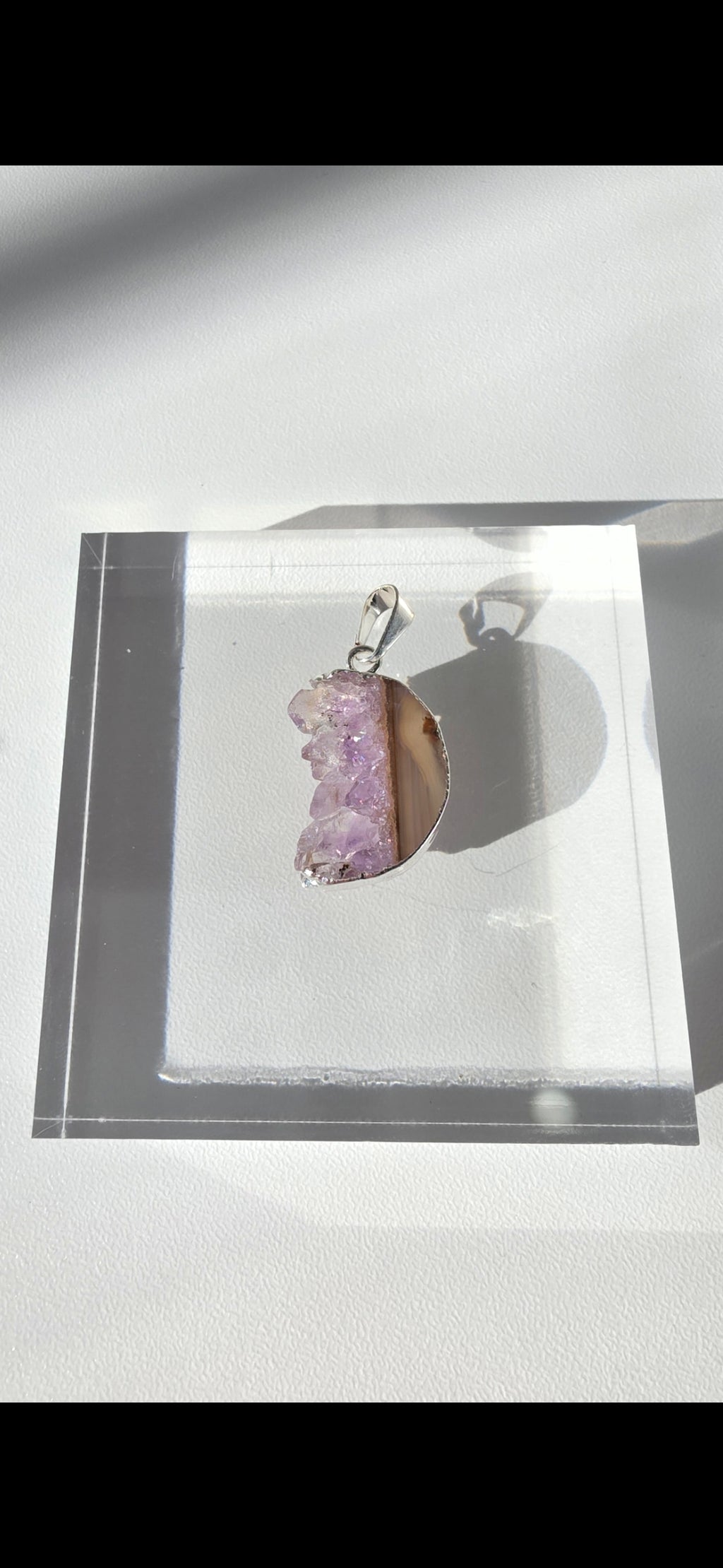 Natural Amethyst Slice Moon Pendant, raw crystal druzy pendant in a silver-plated setting from the Stone & Bloom Raw Luxe Collection.