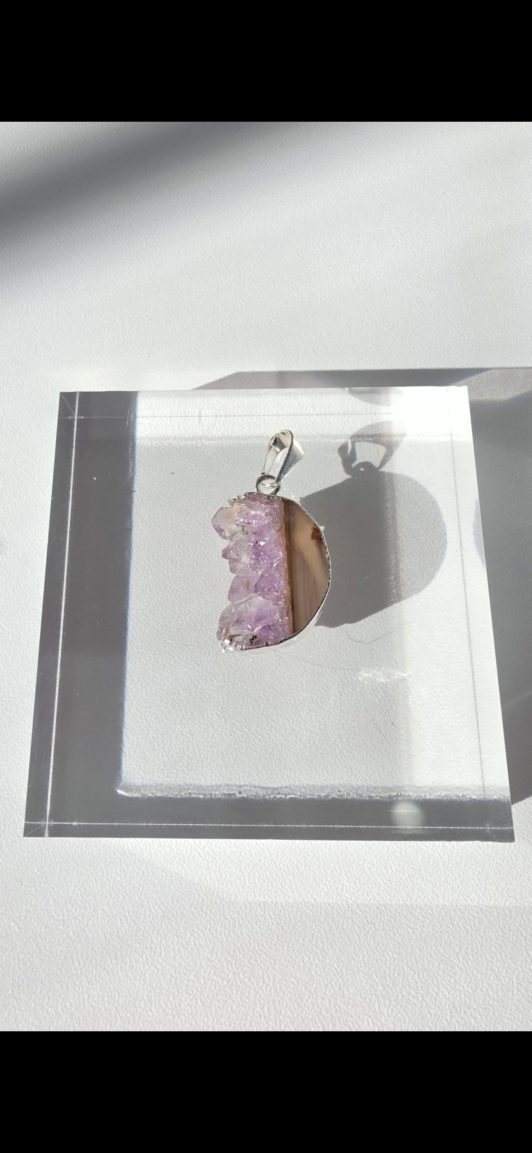 Natural Amethyst Slice Moon Pendant, raw crystal druzy pendant in a silver-plated setting from the Stone & Bloom Raw Luxe Collection.