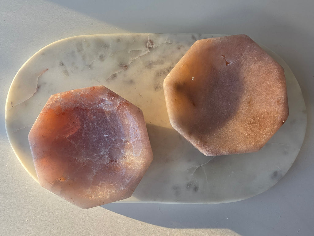 Brazilian Pink Amethyst bowl with soft blush pink and lavender tones, delicate natural sparkle and polished faceted edges