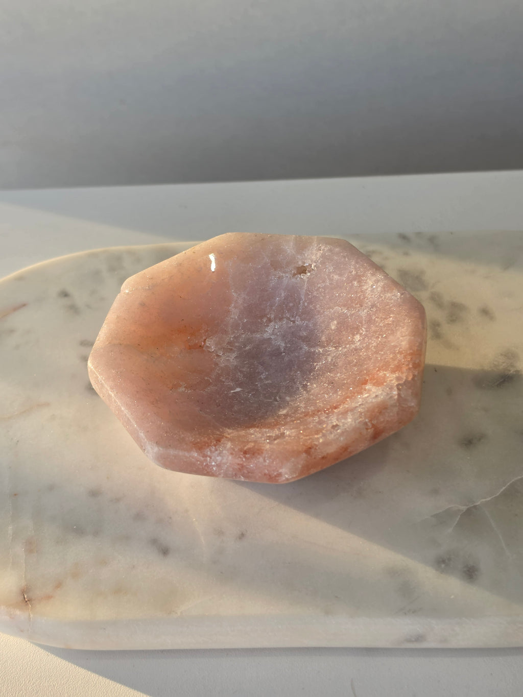 Brazilian Pink Amethyst bowl with soft blush pink and lavender tones, delicate natural sparkle and polished faceted edges