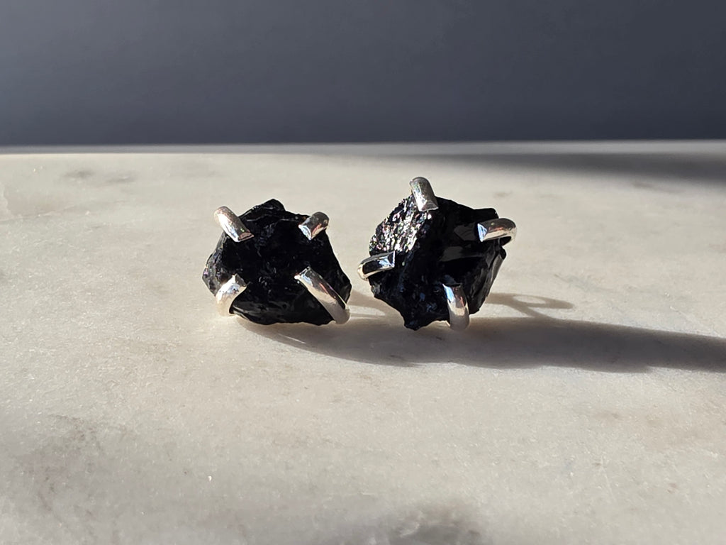 Natural Black Tourmaline crystal stud earrings from the Raw Luxe Collection