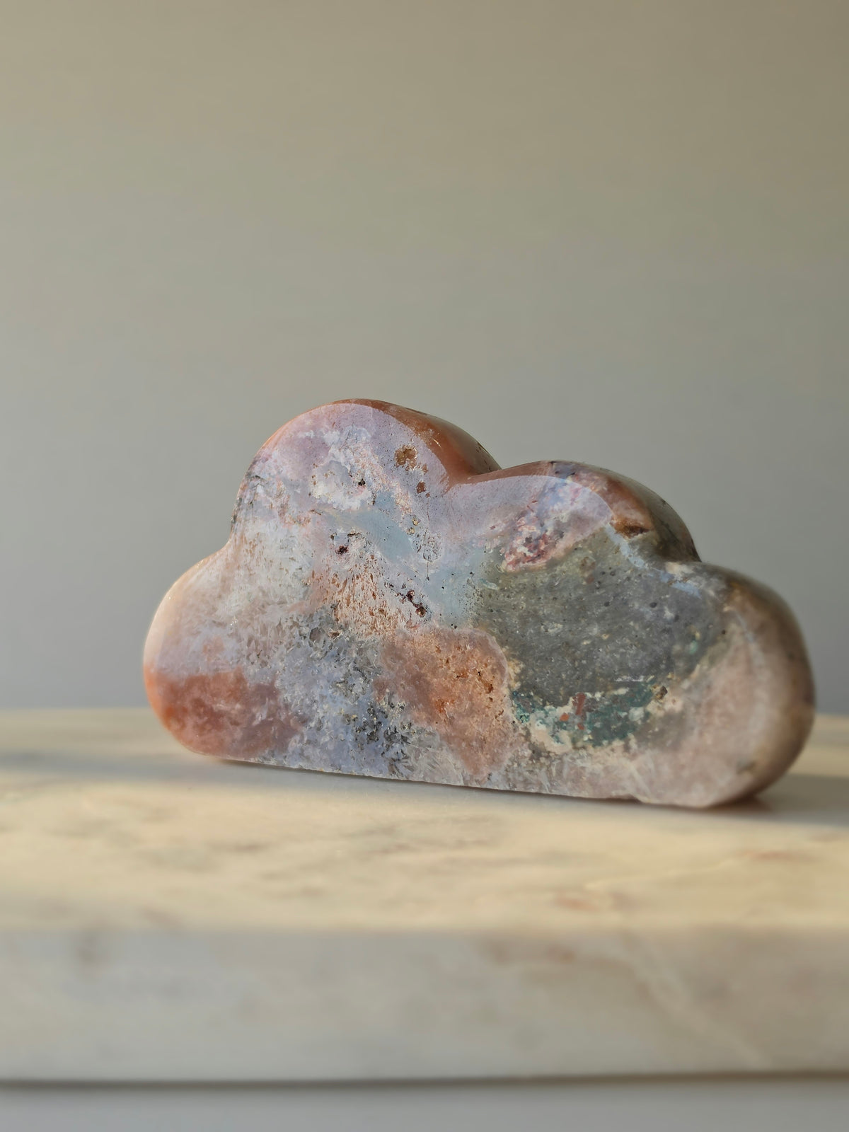 Natural Brazilian Pink Amethyst Cloud with soft blush pink, peach and lavender tones, unique mineral inclusions and polished organic form